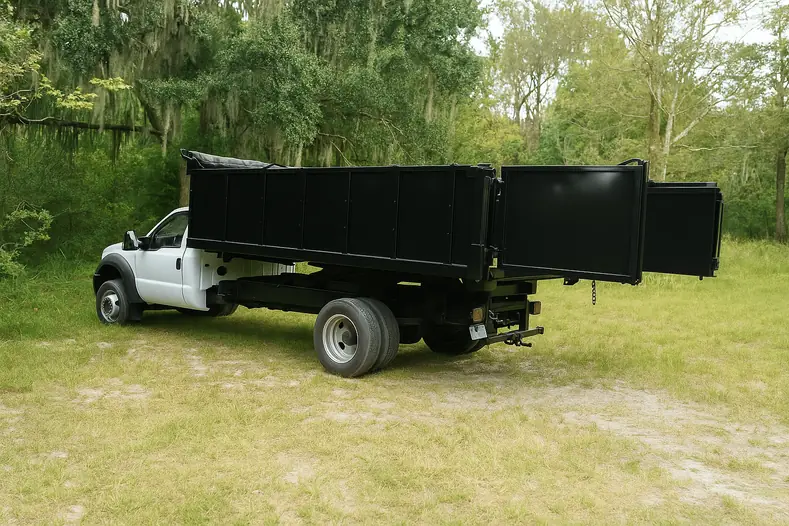 Dump truck with its bed and side panels coated in black