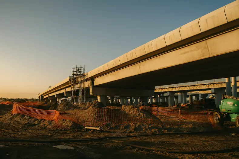 Highway overpass under construction at sunset