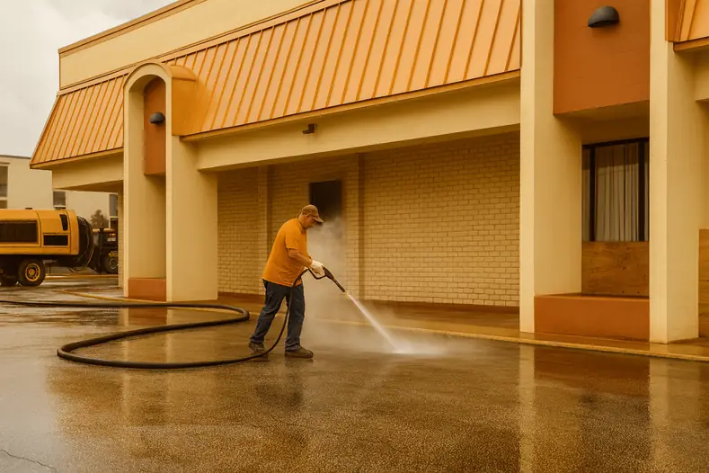 Worker pressure washing the walkway of a commercial building