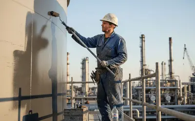 Painter rolling coating onto a storage tank at a refinery