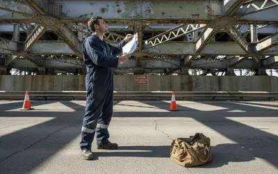 Inspector with a clipboard under a steel bridge deck