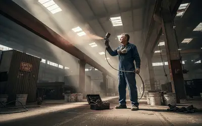 Painter spraying a steel column inside an industrial building