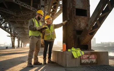Two inspectors checking a rusted steel bridge support