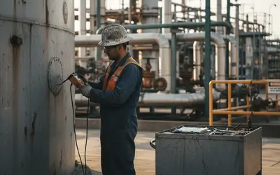 Technician testing a refinery storage tank wall with a gauge