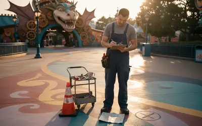 Worker with a clipboard inspecting a theme park plaza surface