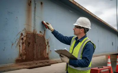 Inspector measuring rust on a steel girder with a coating gauge