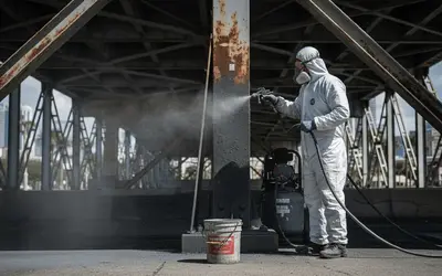 Worker in protective suit spray painting a bridge column