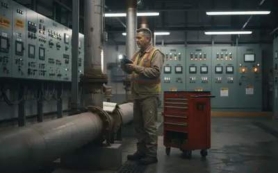 Technician inspecting piping in an industrial control room