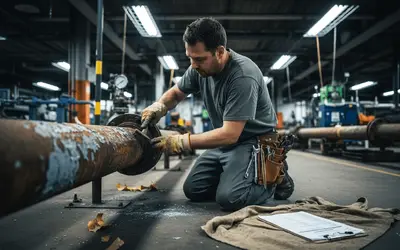 Worker scraping rust from a steel pipe in a facility