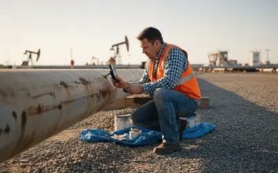 Inspector checking a corroded pipeline at an oil field