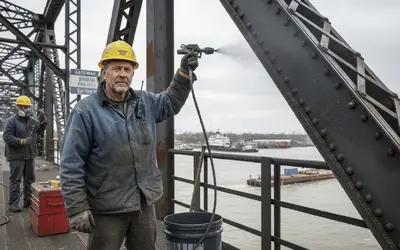 Painter spraying coating on a steel truss bridge