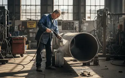 Worker sandblasting a large steel pipe in a workshop