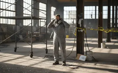 Worker in coveralls and respirator in a blasting area