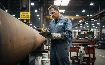 Inspector with a clipboard beside a large steel pipe in a plant