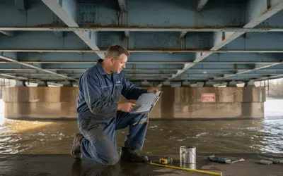 Inspector kneeling under a bridge over water taking notes