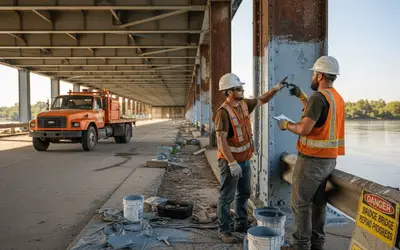 Two workers checking a rusted bridge column beside a truck