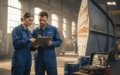 Two technicians reviewing a clipboard in a fabrication shop
