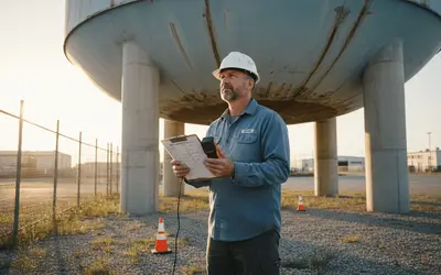 Inspector with a clipboard under an elevated water tank