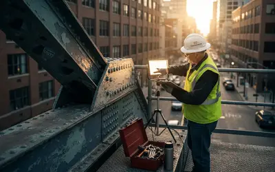 Inspector with a tablet checking a riveted steel bridge beam