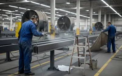 Workers spray painting steel beams in a warehouse