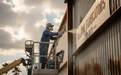 Painter on a lift spraying a corrugated metal building