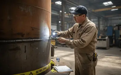 Technician testing coating on a steel tank with a gauge