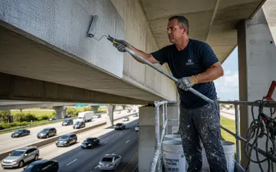 Painter rolling coating on a highway overpass