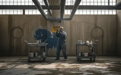 Worker spraying a wall in an empty industrial building