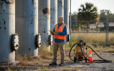 Inspector with a clipboard beside corroded steel tanks