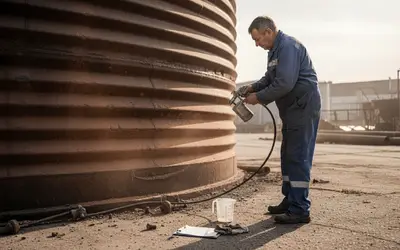 Painter spraying coating on a corrugated steel tank
