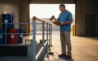 Facility manager taking notes beside chemical drums