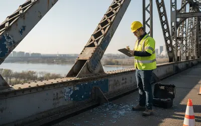 Inspector taking notes on a peeling steel truss bridge