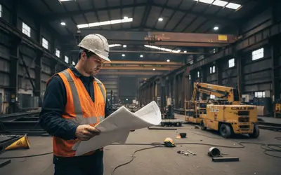 Engineer reviewing plans in a steel fabrication building