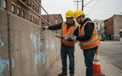 Two inspectors checking peeling paint on a concrete wall