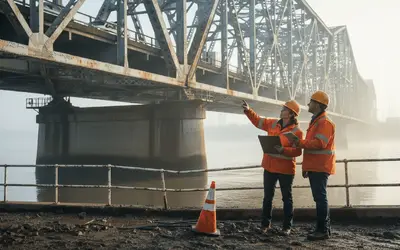 Two inspectors pointing at a steel bridge over a river