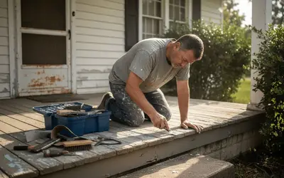 Man scraping old paint off a wooden porch