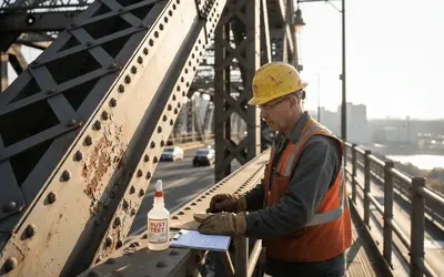 Inspector checking rivets on a rusted steel bridge