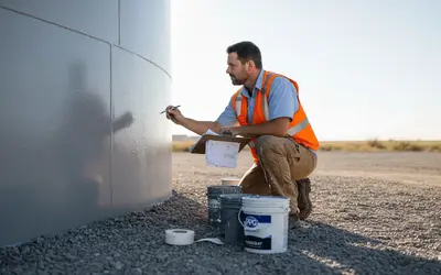 Inspector kneeling to mark a freshly coated steel tank