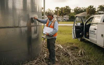 Inspector checking the coating on a steel tank wall