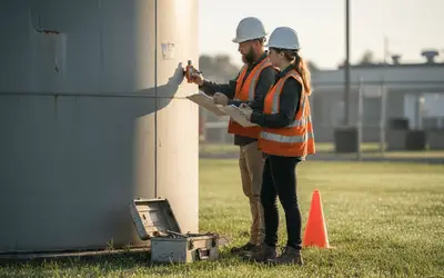 Two inspectors checking the coating on a steel storage tank
