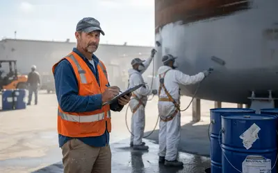 Supervisor taking notes as painters coat a steel tank