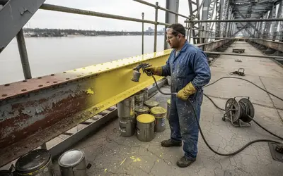 Painter spraying yellow primer on a rusted bridge beam