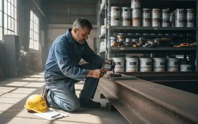 Technician measuring coating on a steel beam in a paint storeroom