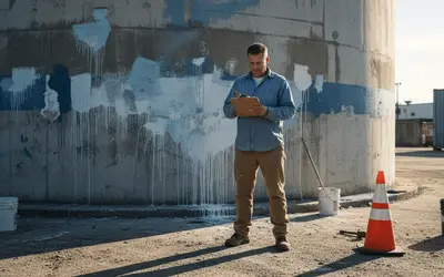 Inspector beside a peeling concrete tank with a clipboard