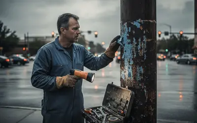 Technician inspecting a rusted utility pole with a flashlight