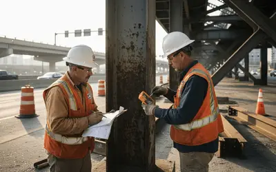 Two inspectors checking a rusted steel column under an overpass