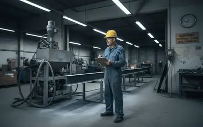 Worker with a clipboard beside equipment in a coating shop