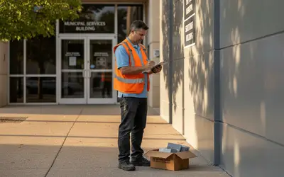 Inspector with a tablet outside a municipal services building