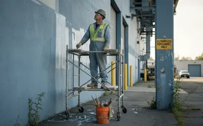 Painter on scaffolding repainting a blue industrial wall