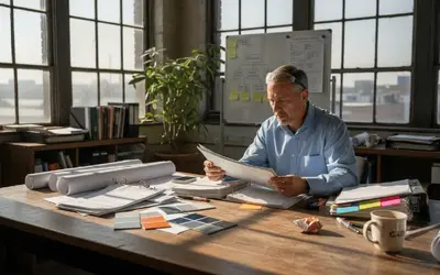Manager reviewing plans and color samples at a desk